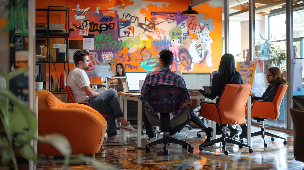 Agência de Marketing Digital, SEO e Marketing de Conteúdo: Um espaço de escritório colorido e vibrante, com arte de parede em estilo grafite, pessoas trabalhando em suas mesas e uma atmosfera criativa e dinâmica geral.