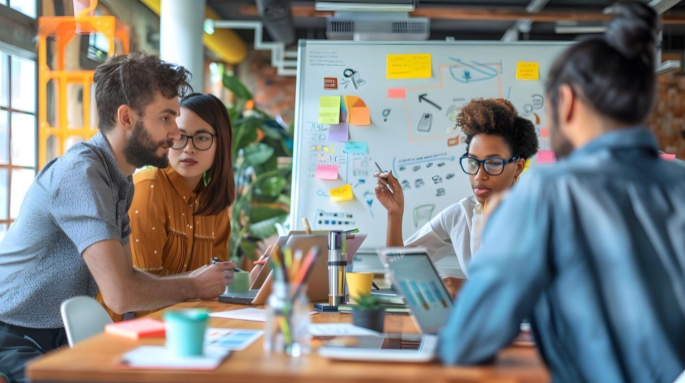 Agência de Marketing: Um grupo de jovens profissionais colaborando em um projeto em um ambiente de escritório moderno. A imagem mostra quarto pessoas, duas mulheres e dois homens, trabalhando juntos em uma mesa, com um quadro branco ao fundo exibindo várias anotações e ideias.