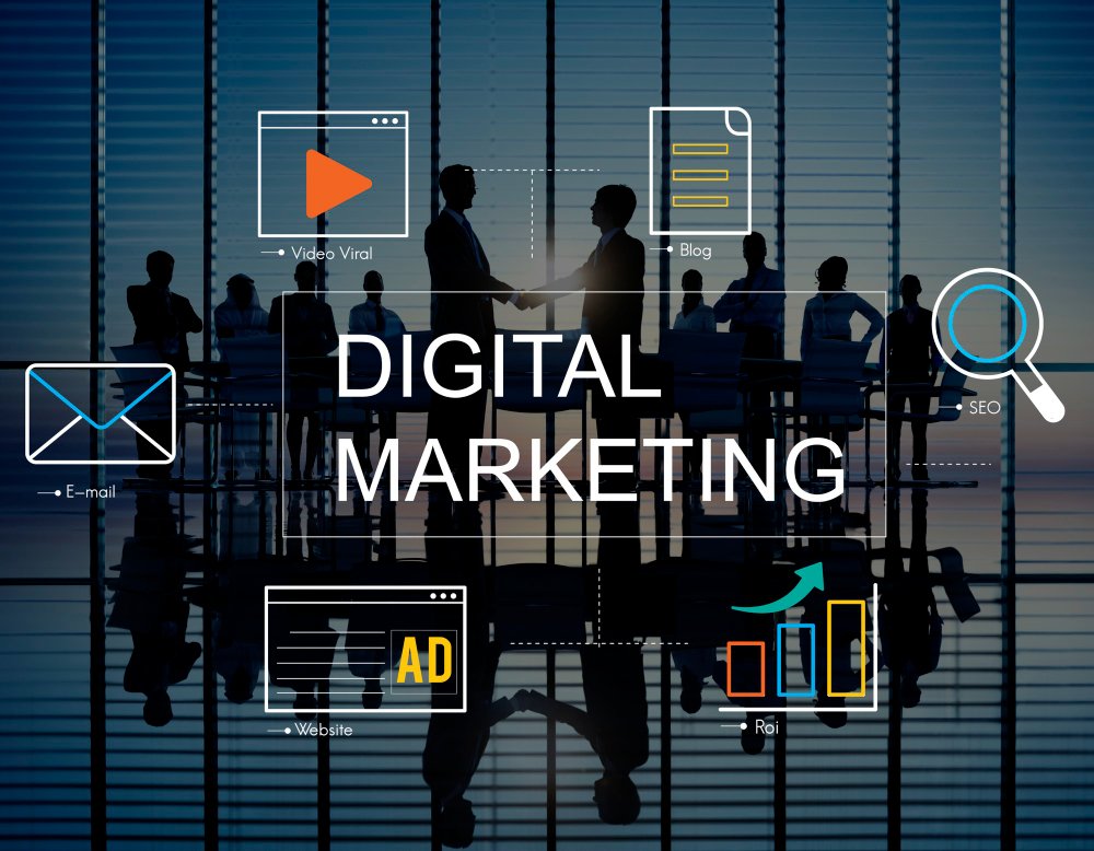 Agência de marketing digital: Um grupo de pessoas silhuetadas contra um fundo azul com ícones e texto de marketing digital.