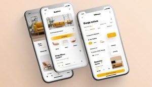 Aplicativos para empresas: Três telas de smartphone exibindo a interface de um aplicativo de compras de móveis, com vários itens e opções de móveis.