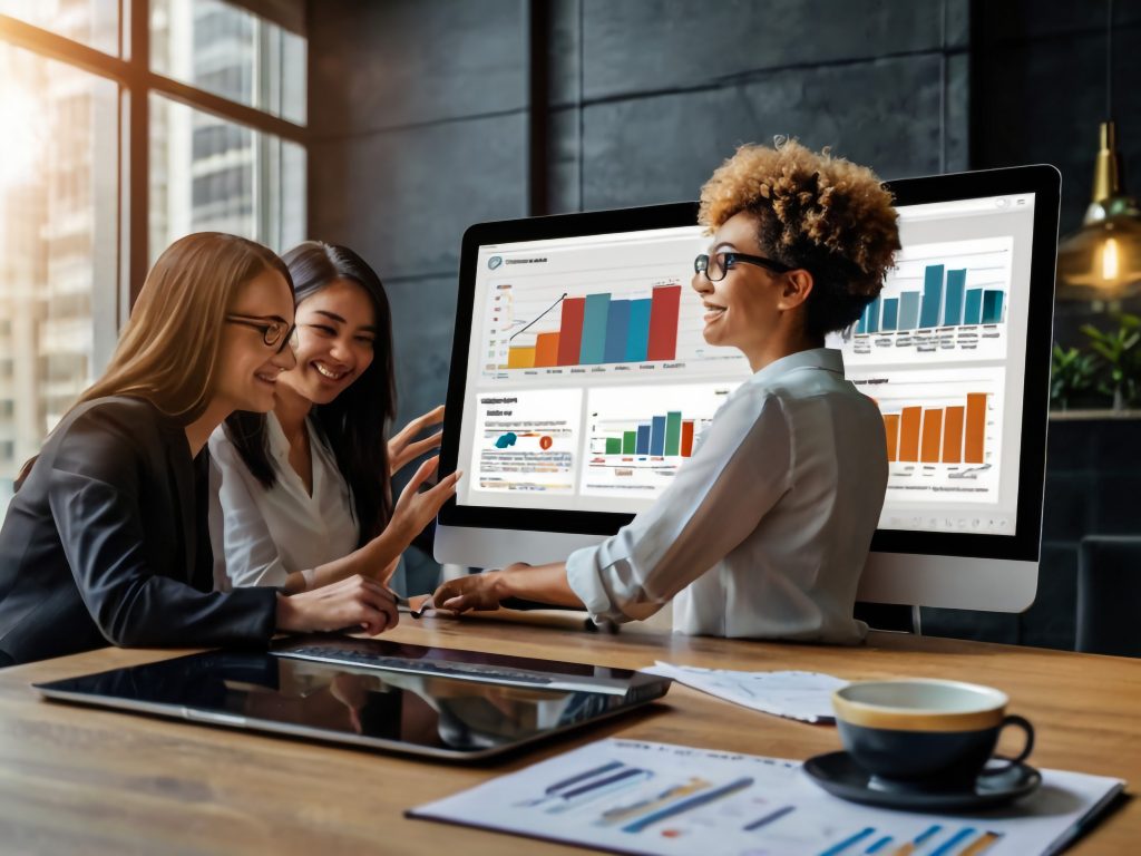 Consultoria de marketing: Três jovens profissionais de negócios analisando dados e gráficos em uma tela de computador em um ambiente de escritório.