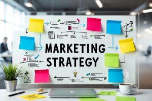 Estratégia de marketing digital: Um quadro branco com o texto "ESTRATÉGIA DE MARKETING" escrito nele, cercado por vários post-its coloridos e ícones representando diferentes conceitos e estratégias de marketing.