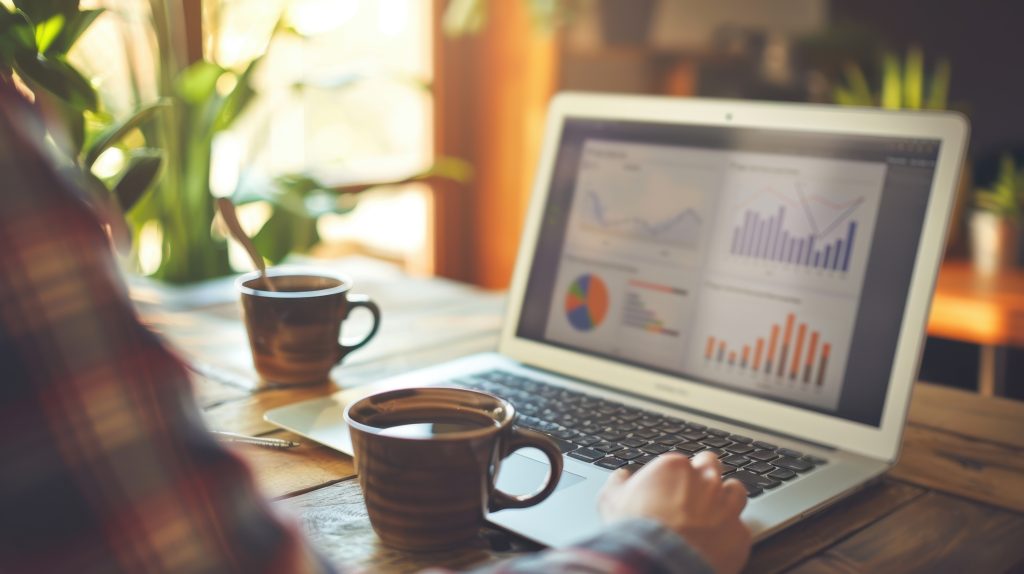 Campanhas de tráfego pago: uma mesa de madeira, trabalhando em um laptop exibindo vários gráficos e tabelas. Duas canecas de café marrom são colocadas sobre a mesa. O fundo apresenta luz natural suave entrando por uma janela, com alguma vegetação visível