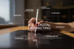 Como melhorar o marketing digital: Uma mão apontando para um diagrama de marketing digital em um fundo desfocado.